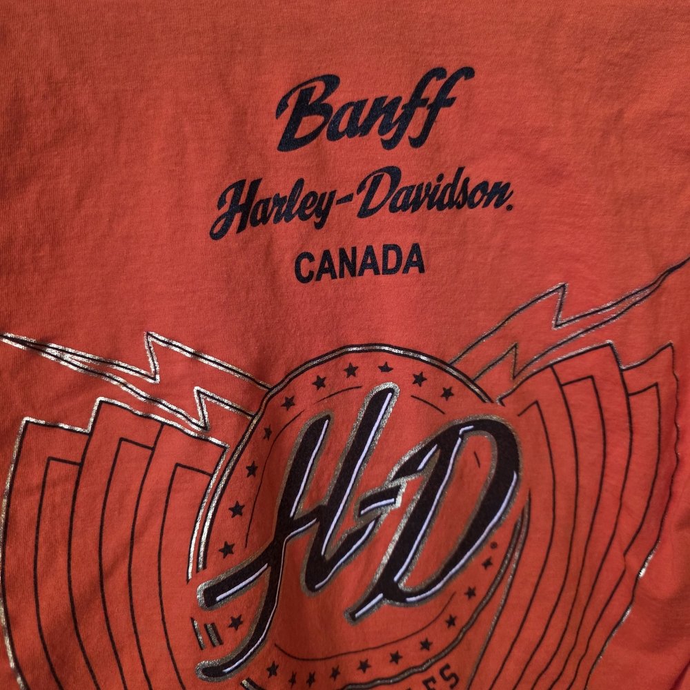 Harley-Davidson Orange Long Sleeve Graphic Shirt Size Medium Banff Canada - Picture 6 of 11